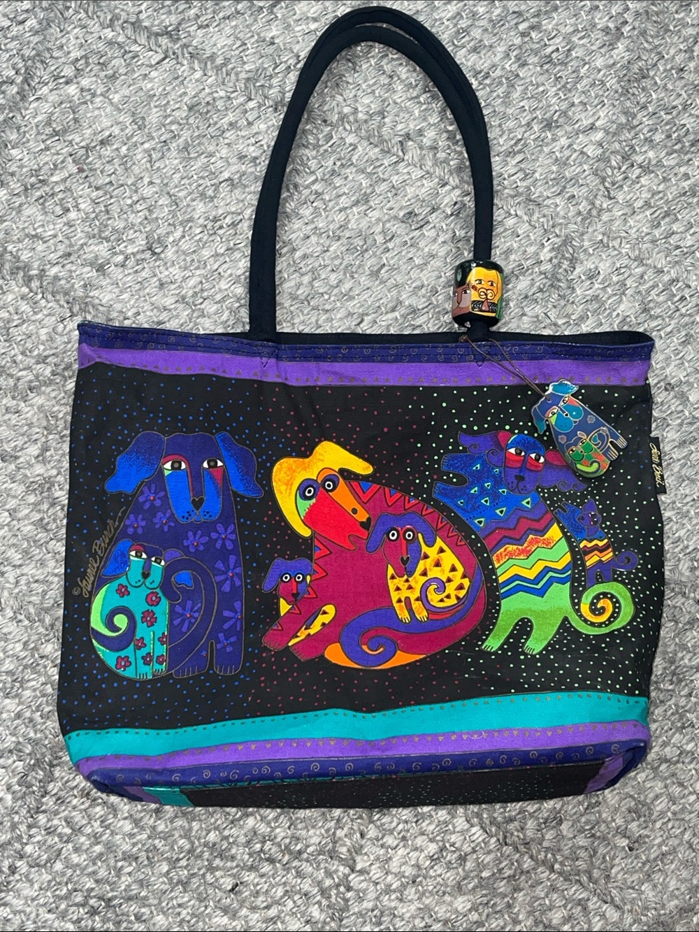 Laurel Burch Black Tote with Bright Multi-Color Whimsical Dogs